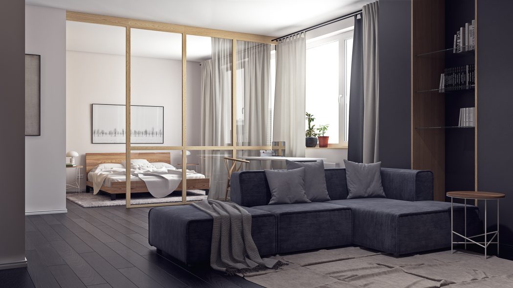 Deze moderne slaapkamer is middels een glazen scheidingswand gescheiden van de woonkamer Deze moderne slaapkamer is middels een glazen scheidingswand gescheiden van de woonkamer