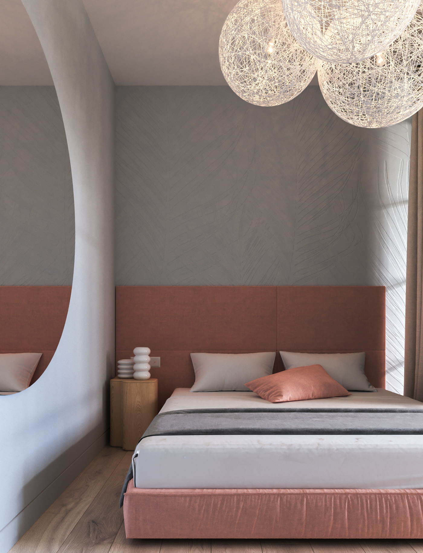 Deze moderne slaapkamer is stijlvol ingericht met zachte kleurtinten