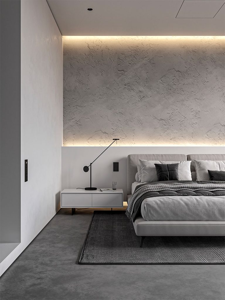 In deze slaapkamer zijn zowel led-strips achter het hoofbord als in het plafond verwerkt, ontworpen door Andrey Vladimirov.