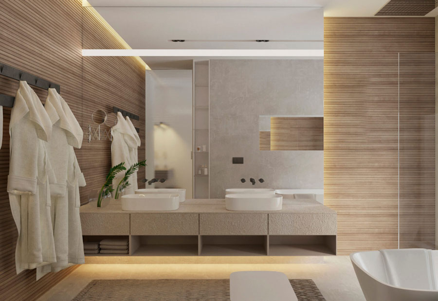 Luxe moderne slaapkamer met thuiskantoor en badkamer