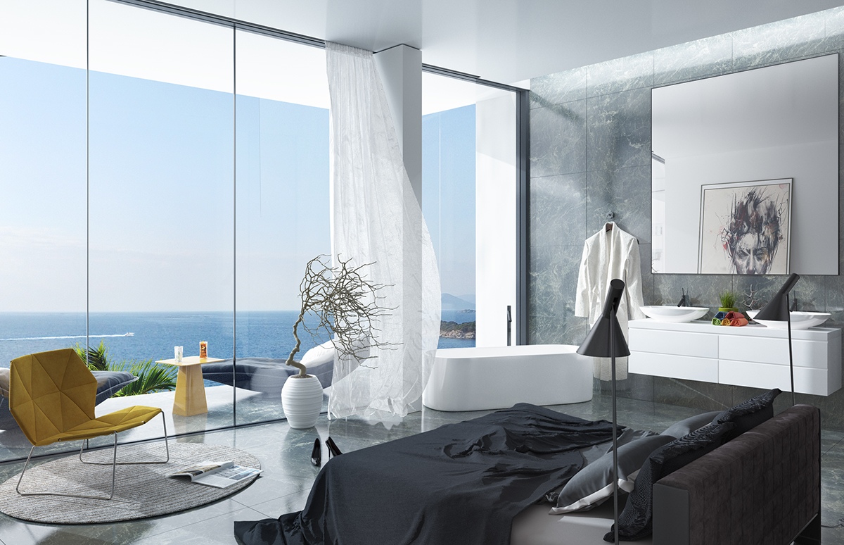 Luxe slaapkamer met groene marmeren vloer en muur Luxe slaapkamer met groene marmeren vloer en muur