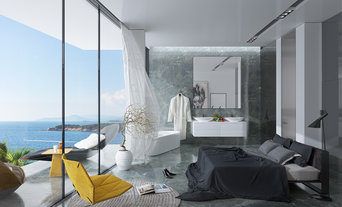 Luxe slaapkamer met groene marmeren vloer en muur Luxe slaapkamer met groene marmeren vloer en muur