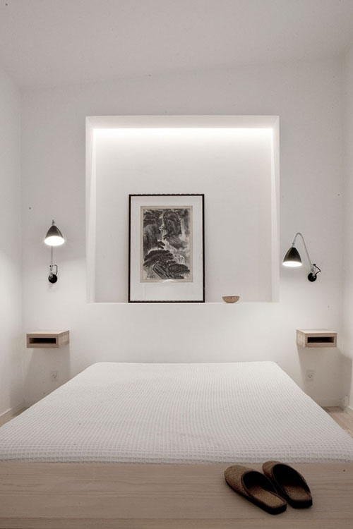 Minimalistische slaapkamer met Japanse themaMinimalistische slaapkamer met Japanse thema