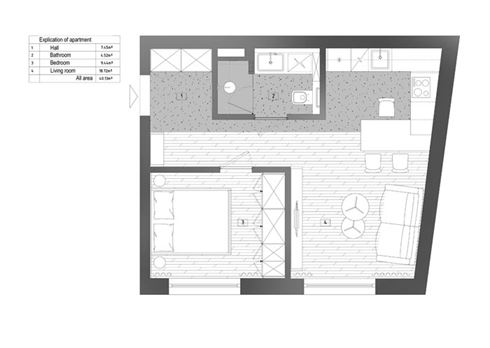 Modern en warm ontwerp voor slaapkamer van klein appartement van 40m2