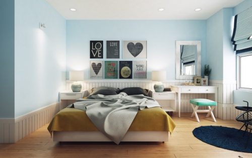 Modern landelijke slaapkamer met licht blauwe muren