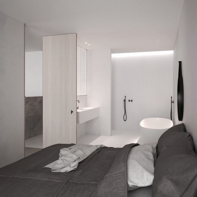 Moderne slaapkamer met ruime open badkamer – Slaapkamer ideeën