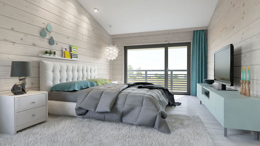 Moderne slaapkamer in een modern houten huis Moderne slaapkamer in een modern houten huis
