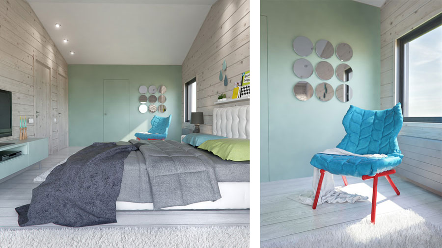 Moderne slaapkamer in een modern houten huis Moderne slaapkamer in een modern houten huis