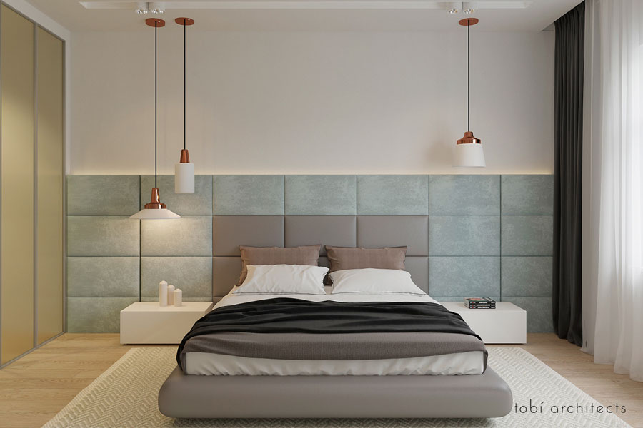 Moderne slaapkamer met een matglazen inloopkast