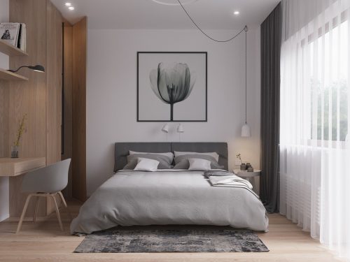 Moderne slaapkamer met werkplek kledingkast combinatie