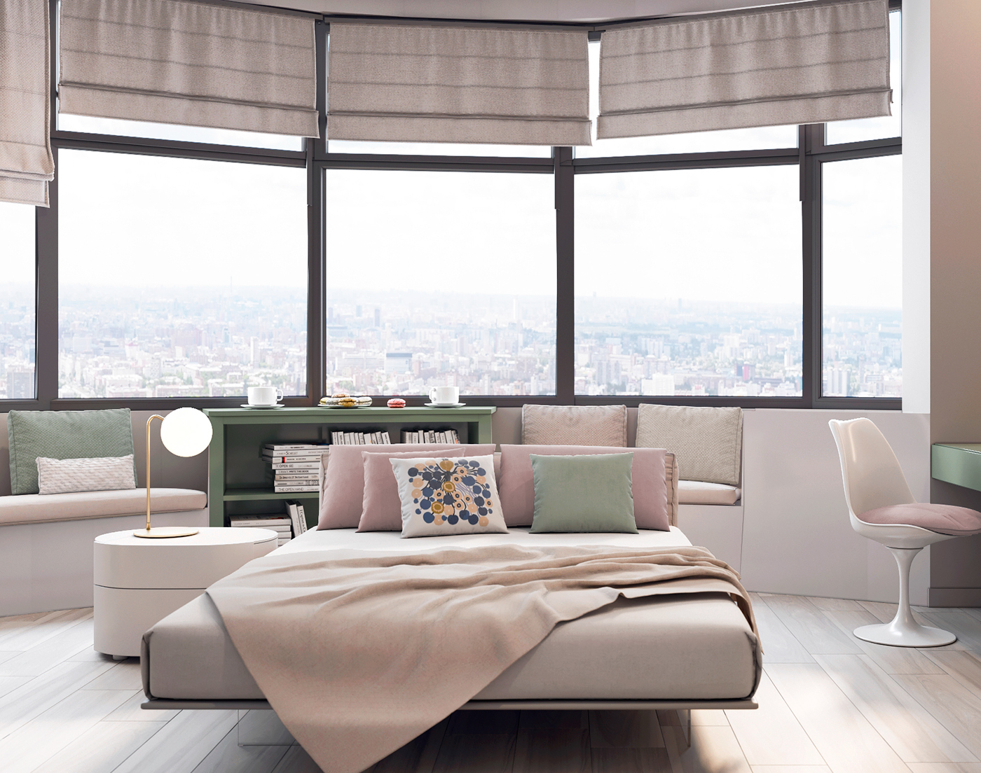 Moderne slaapkamer met zachte pastelkleuren Moderne slaapkamer met zachte pastelkleuren