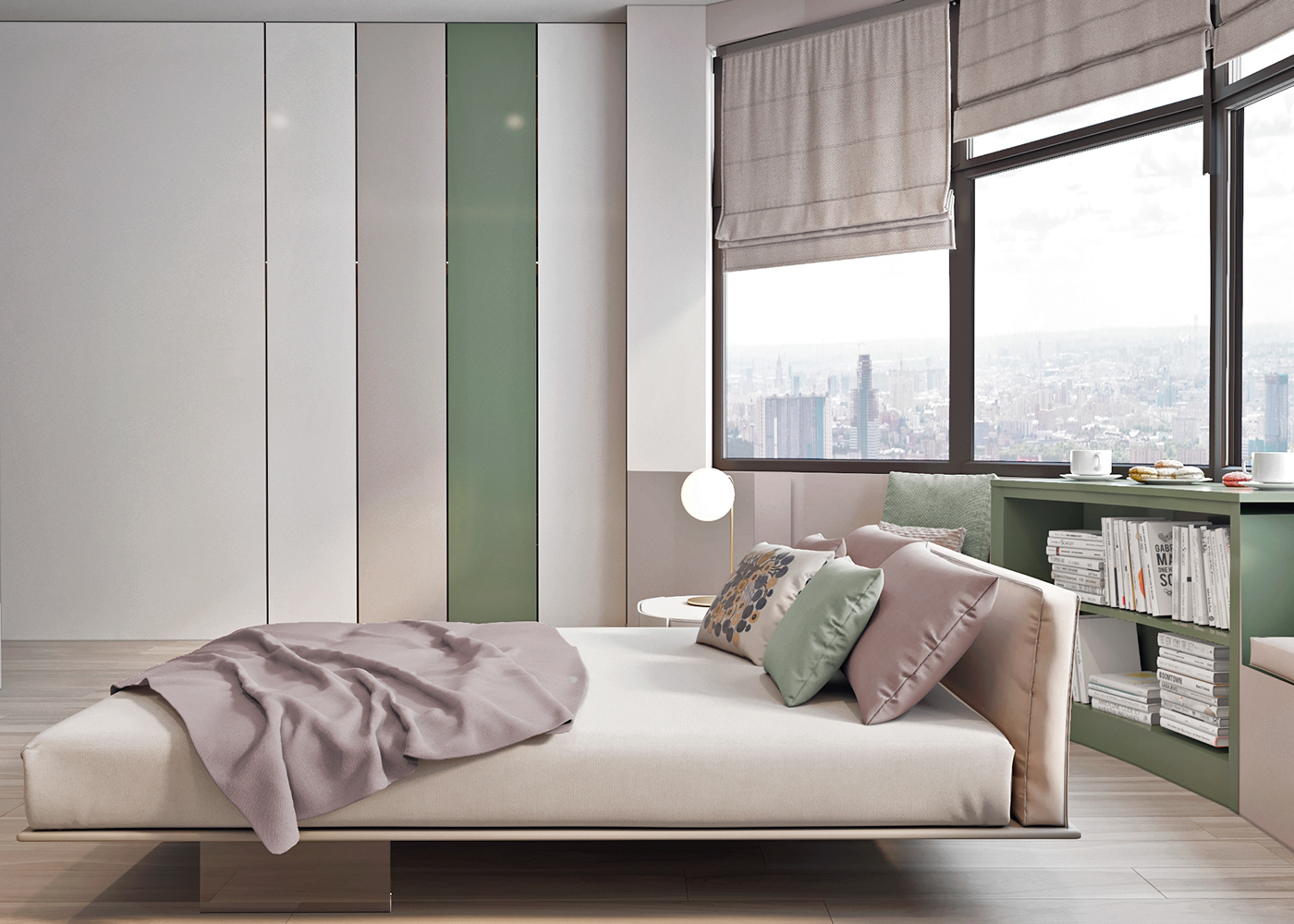 Moderne slaapkamer met zachte pastelkleuren Moderne slaapkamer met zachte pastelkleuren