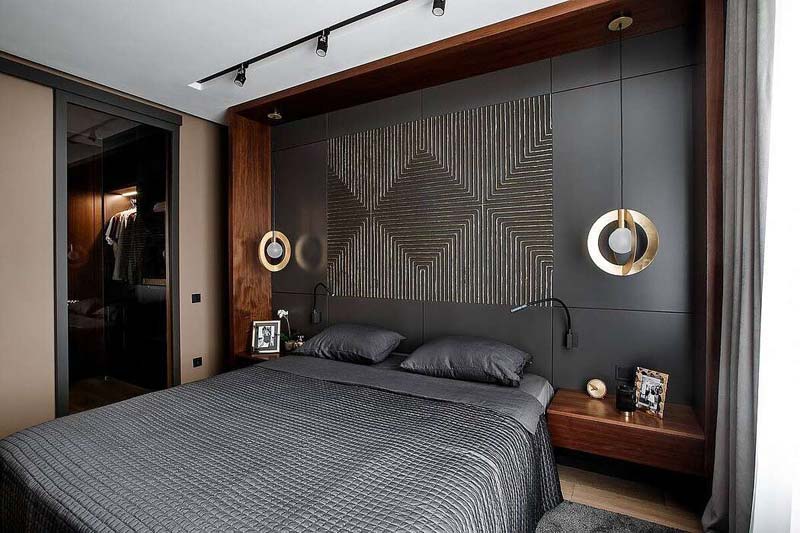 Moderne slaapkamer met zwart en hout