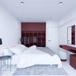 Moderne witte slaapkamer met roodtinten