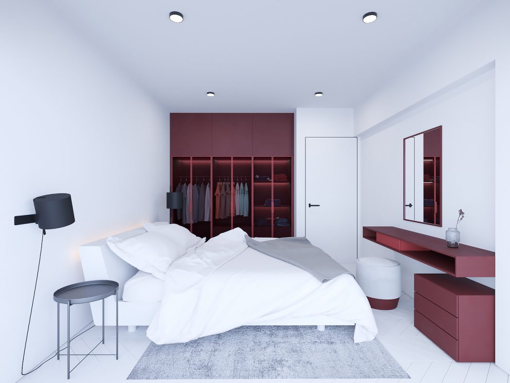 Moderne witte slaapkamer met roodtinten Moderne witte slaapkamer met roodtinten