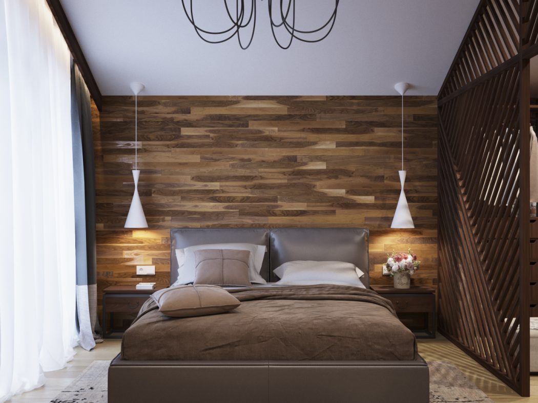 Slaapkamer met houten wandbekleding Slaapkamer met houten wandbekleding