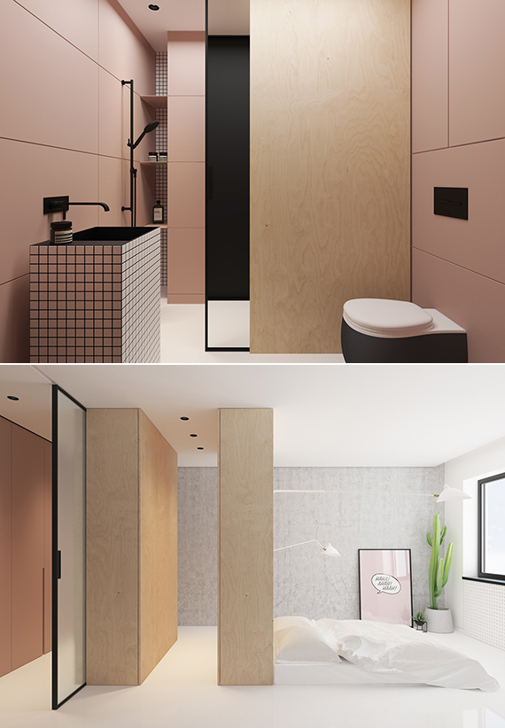 Slaapkamer met inloopkast in een klein appartement van 35m2 Slaapkamer met inloopkast in een klein appartement van 35m2