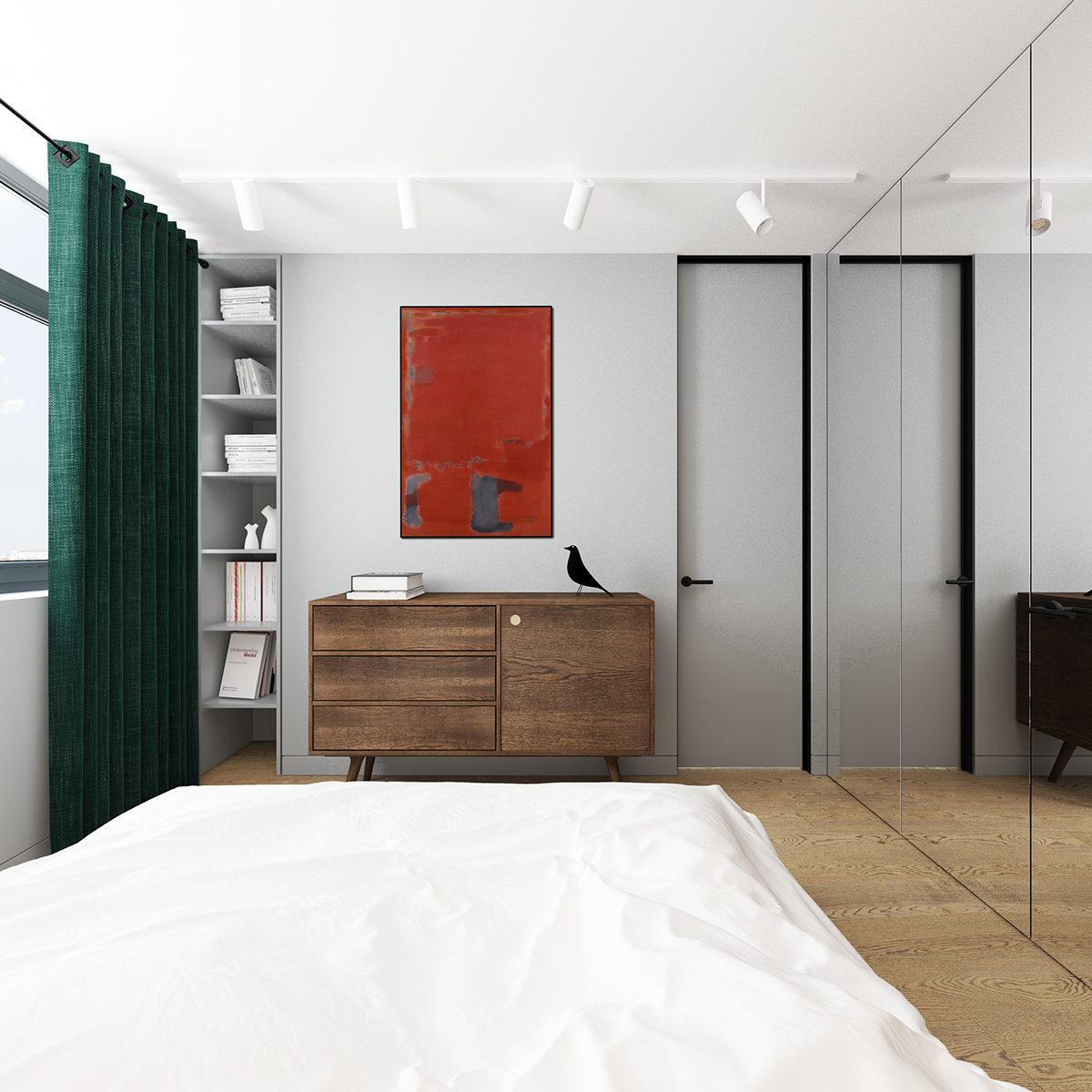 Slaapkamer met maatwerk inbouwkast met spiegeldeuren