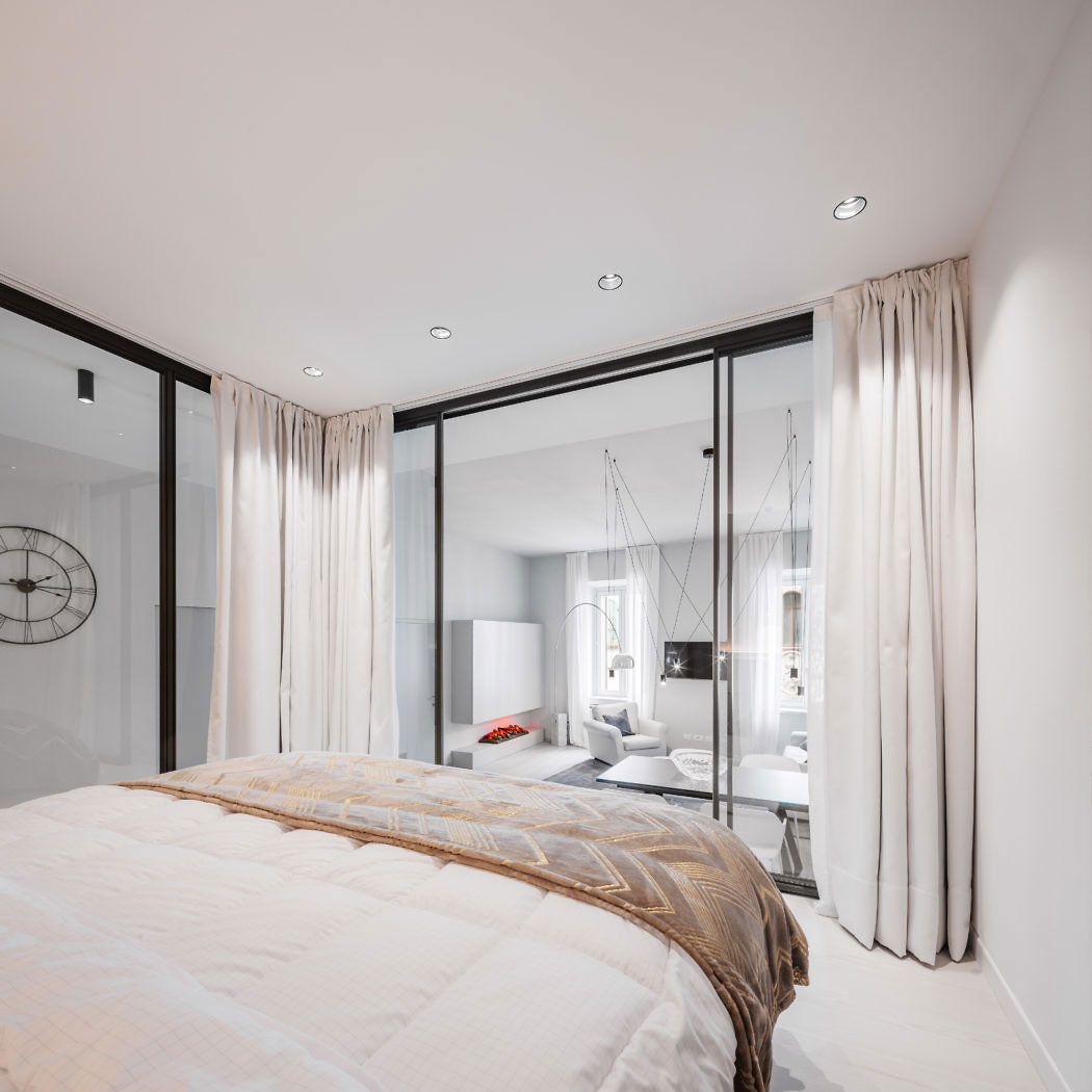 Splitlevel slaapkamer met glazen wanden Splitlevel slaapkamer met glazen wanden