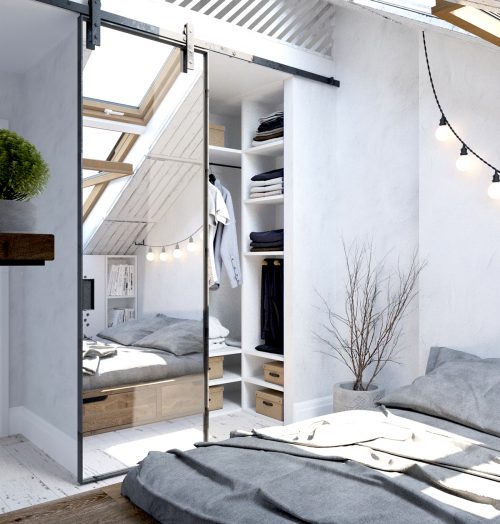 Stoer ontwerp van slaapkamer met schuine muur Stoer ontwerp van slaapkamer met schuine muur