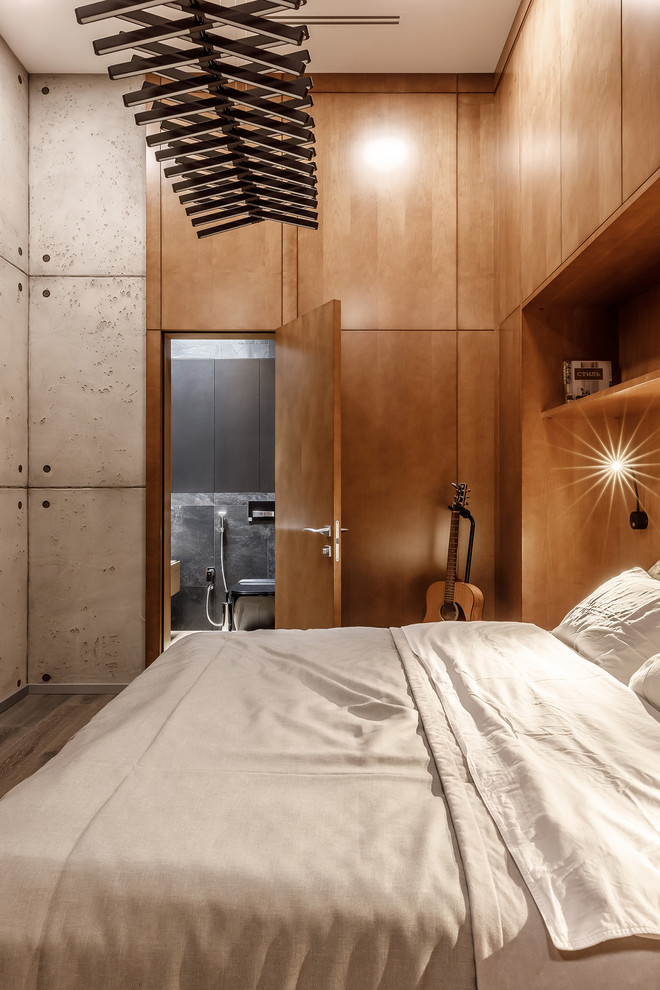 Stoer slaapkamer ontwerp met beton en hout door Andrei Popov