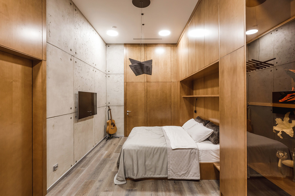 Stoer slaapkamer ontwerp met beton en hout door Andrei Popov