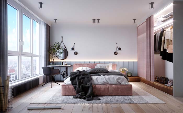 Stoere slaapkamer met roze en blauw