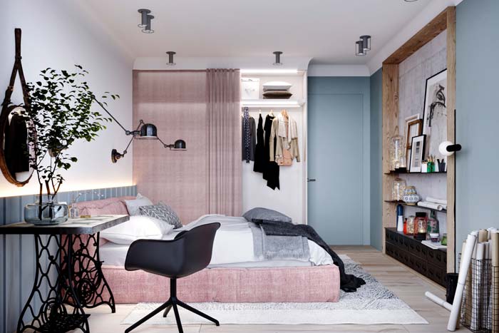 Stoere slaapkamer met roze en blauw