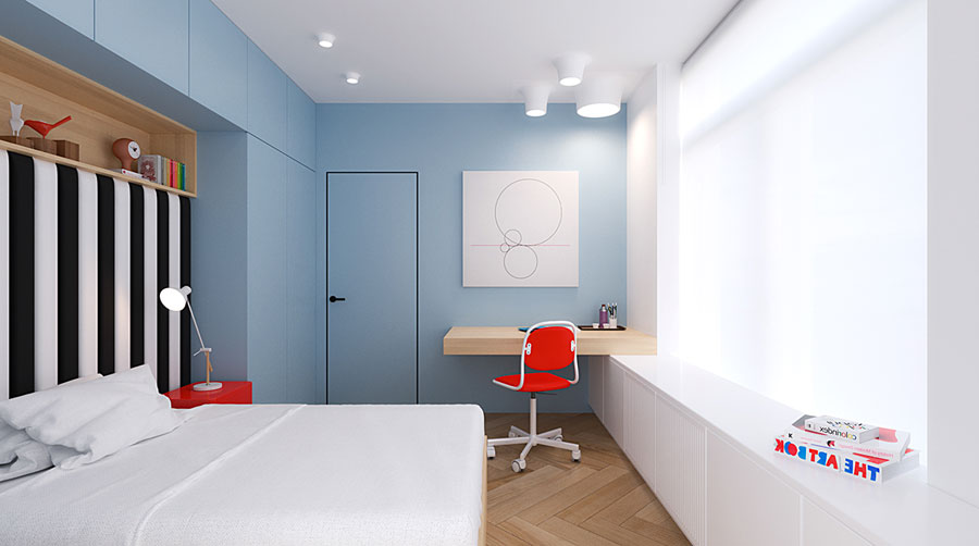 Strakke moderne kinderkamer in babyblauw Strakke moderne kinderkamer in babyblauw