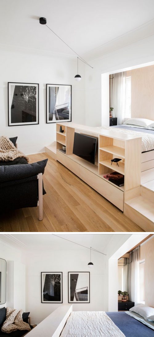 Woonkamer slaapkamer combinatie in een klein appartement van 22m2